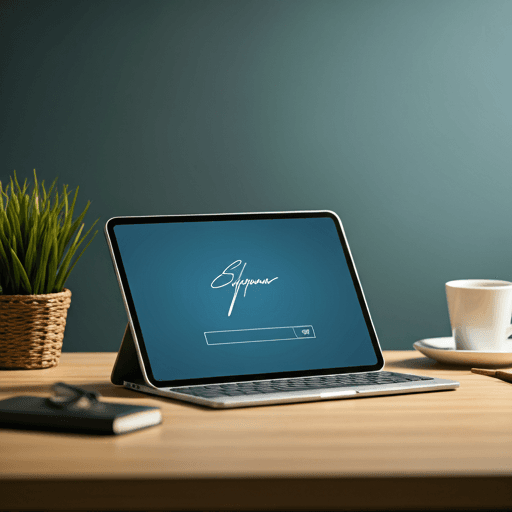 Professional workspace with tablet showing a digital signature field