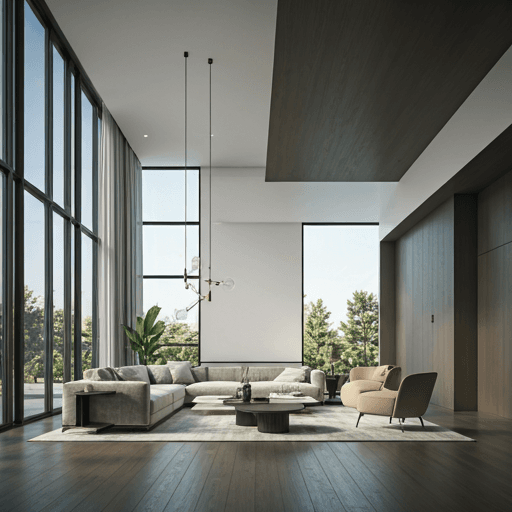 Luxury modern architectural interior with high ceilings and large windows in soft natural light